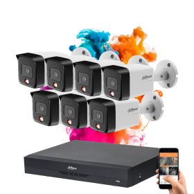   Dahua 7 biztonsági kamerás IP kamera rendszer 8MP színes éjszakai képpel