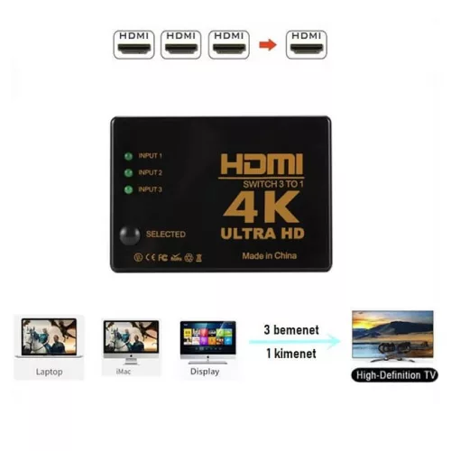 RM309 4K HDMI elosztó 3 bemenettel és távirányítóval