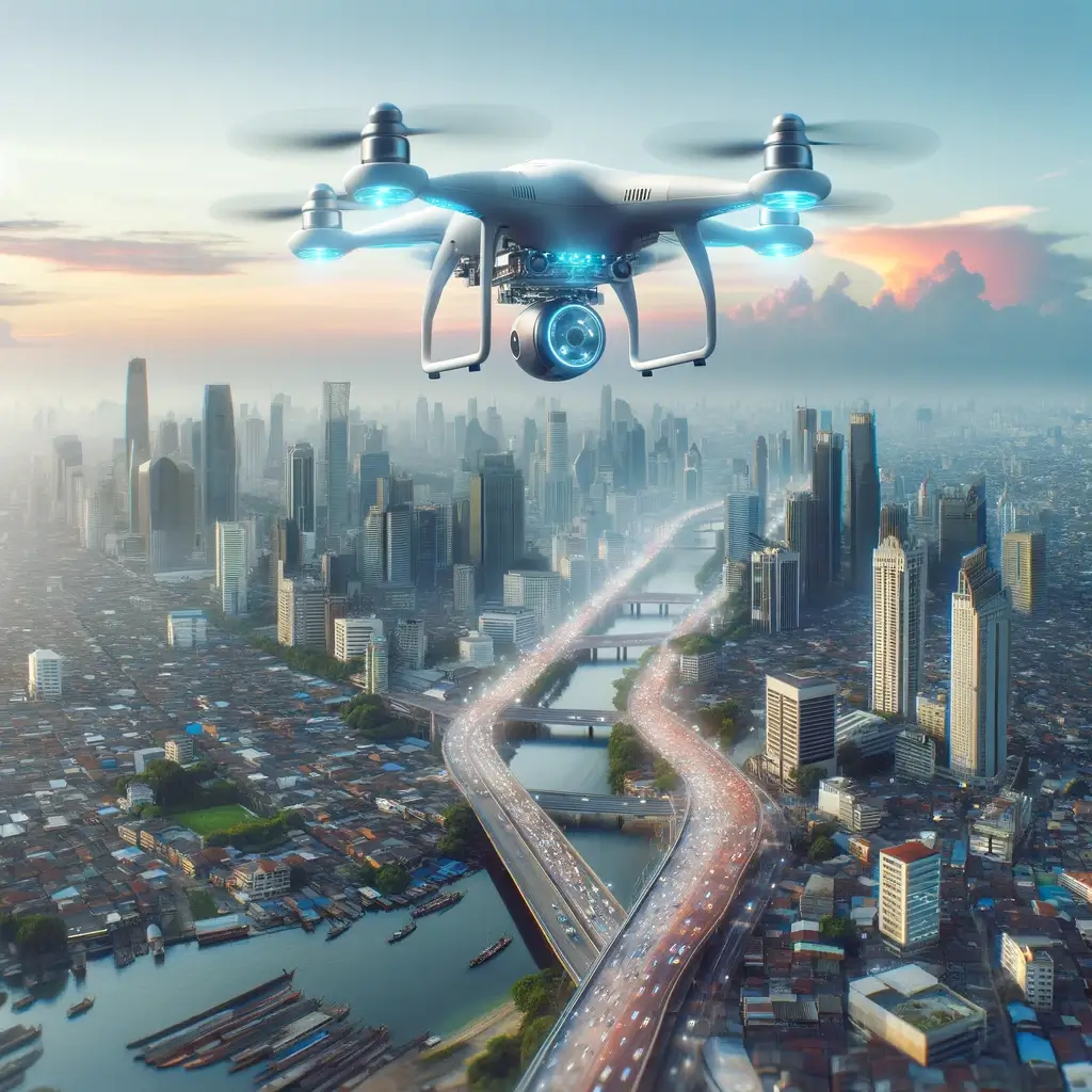 Drónokkal felszerelt futurisztikus városkép: Kamerákkal repülnek egy városi terület felett, a kamerarendszerek okosvárosokban rejlő jövőbeli alkalmazásait és kihívásait vizionálva.