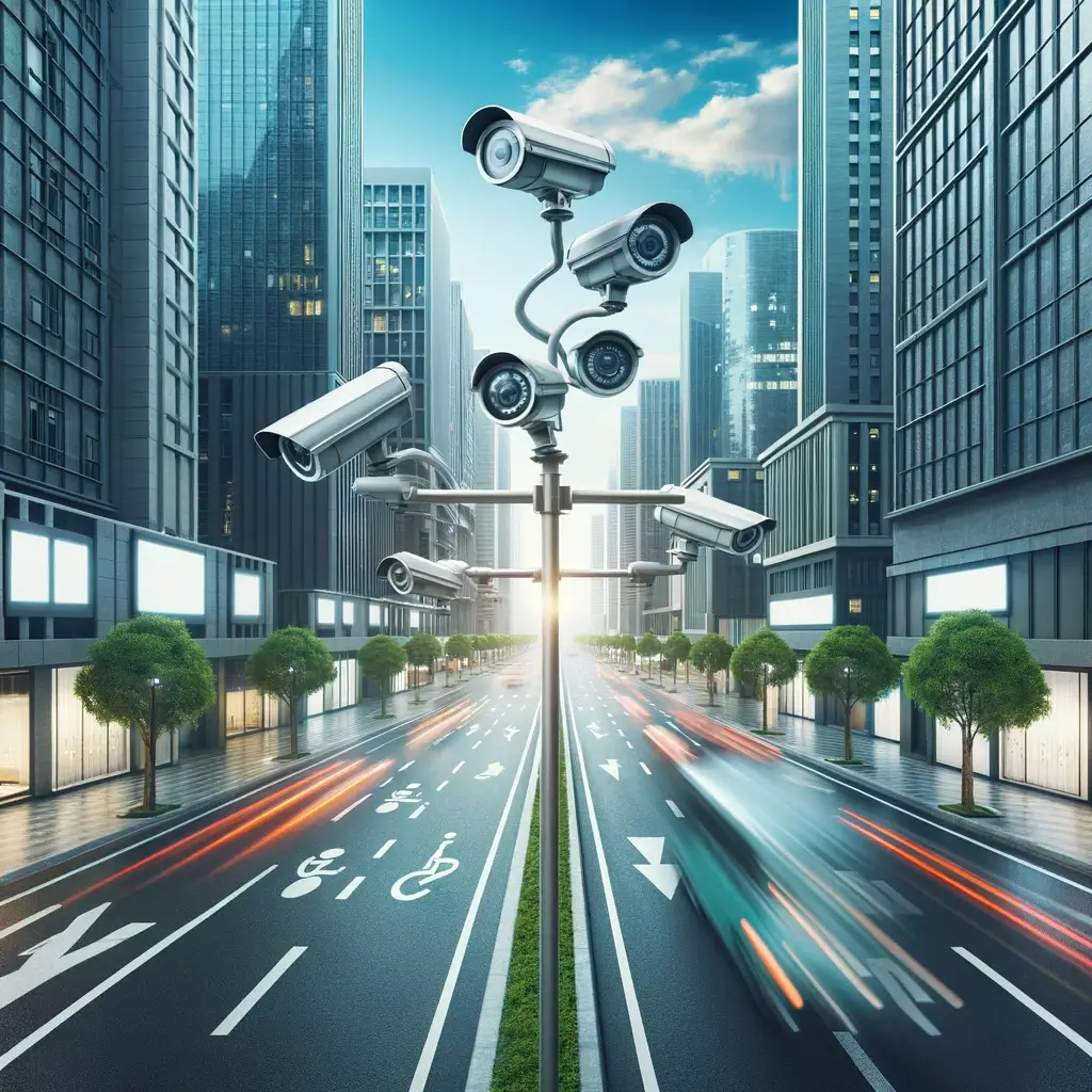 Modern városi utca, biztonsági kamerákkal megfigyelve: Illusztrálja a kamerarendszerek szerepét a közterületi biztonság és a forgalomirányítás terén.