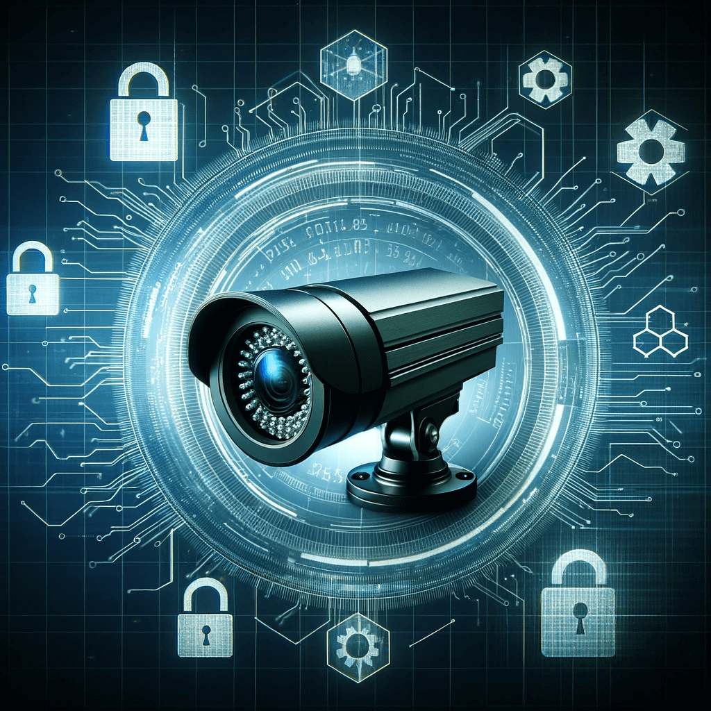 A biztonságtechnikai kamerarendszerek biztonsági aspektusait bemutató kép, például egy biztonságos hálózat vagy adattitkosítás.