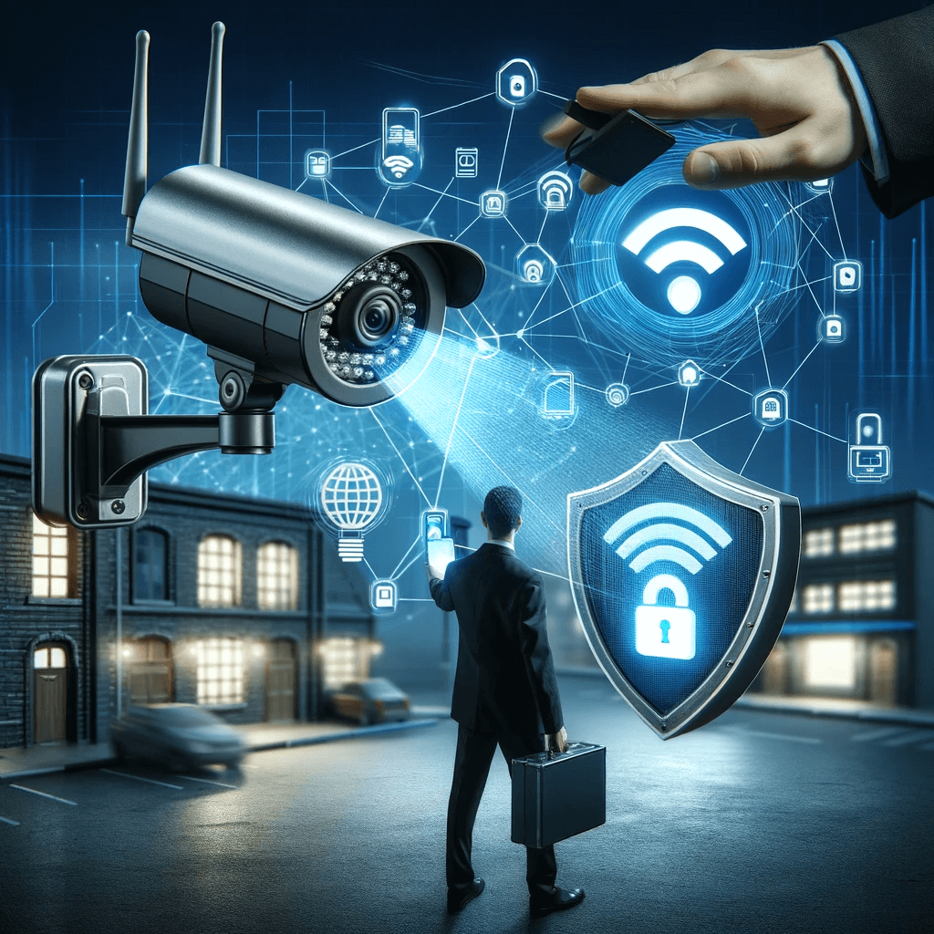 Egy biztonságtechnikai kamerarendszer, amely a távoli hozzáférés és vezérlés lehetőségét mutatja be Wi-Fi vagy egyéb hálózati kapcsolatokon keresztül.