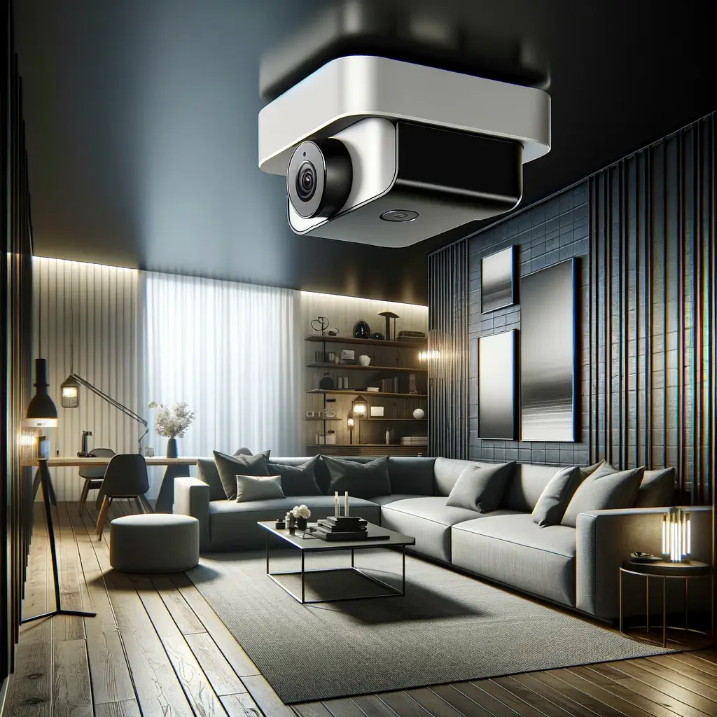 Egy modern, magas technológiájú wifi kamera optimális elhelyezése egy kortárs nappaliban